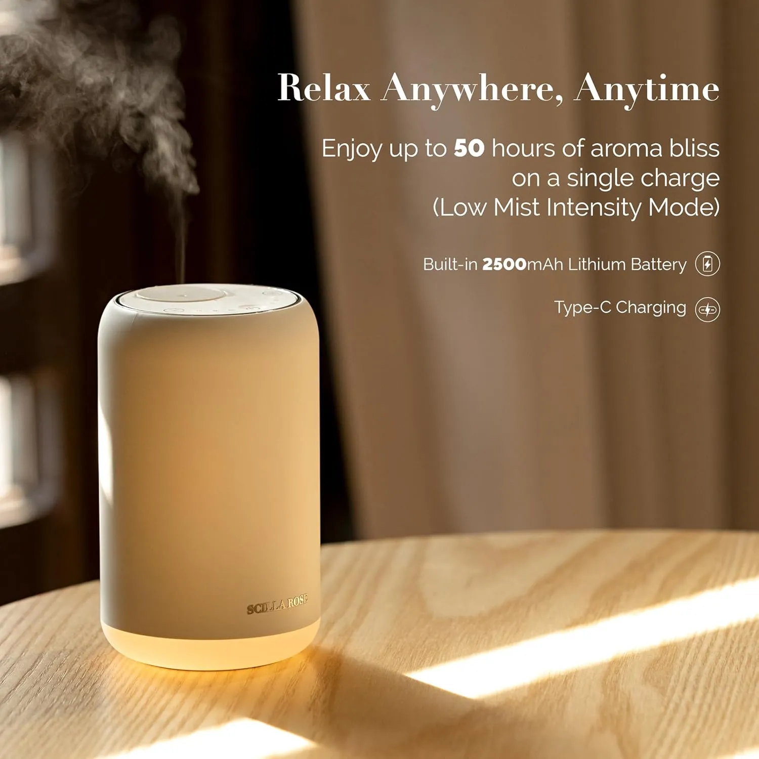 Scilla Rose Waterless Aromatherapy Diffuser - Portable, Rechargeable Cool Mist Essential Oil Nebulizer with Night Light for Home, Office, Car & Wellbeing (Diffuser - NO ESSENTAIL Oil)