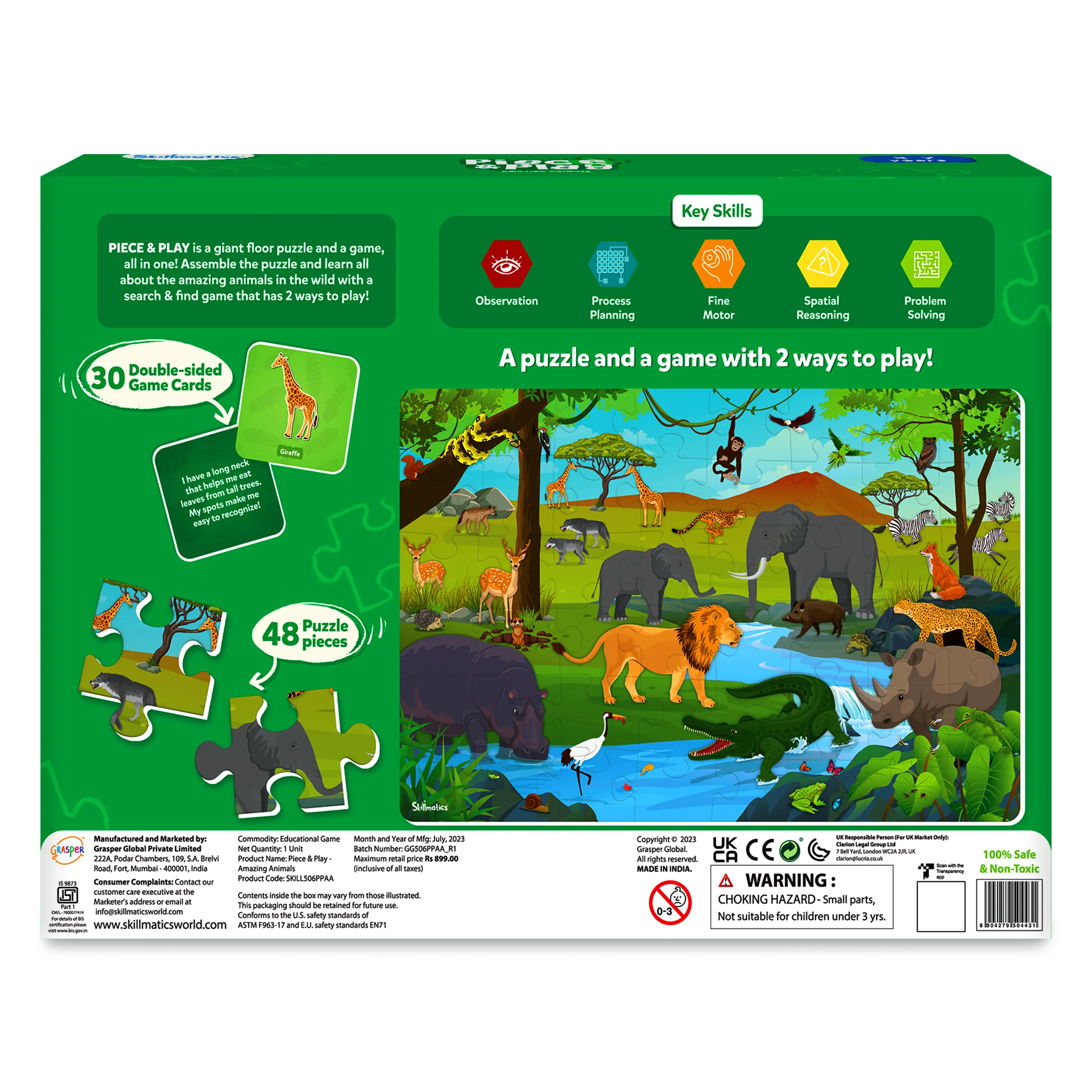 Skillmatics Floor Puzzle & Game - Piece & Play Wild Animals, Jigsaw Puzzle (48 Pieces, 2 X 3 Feet), Ages 3 To 7