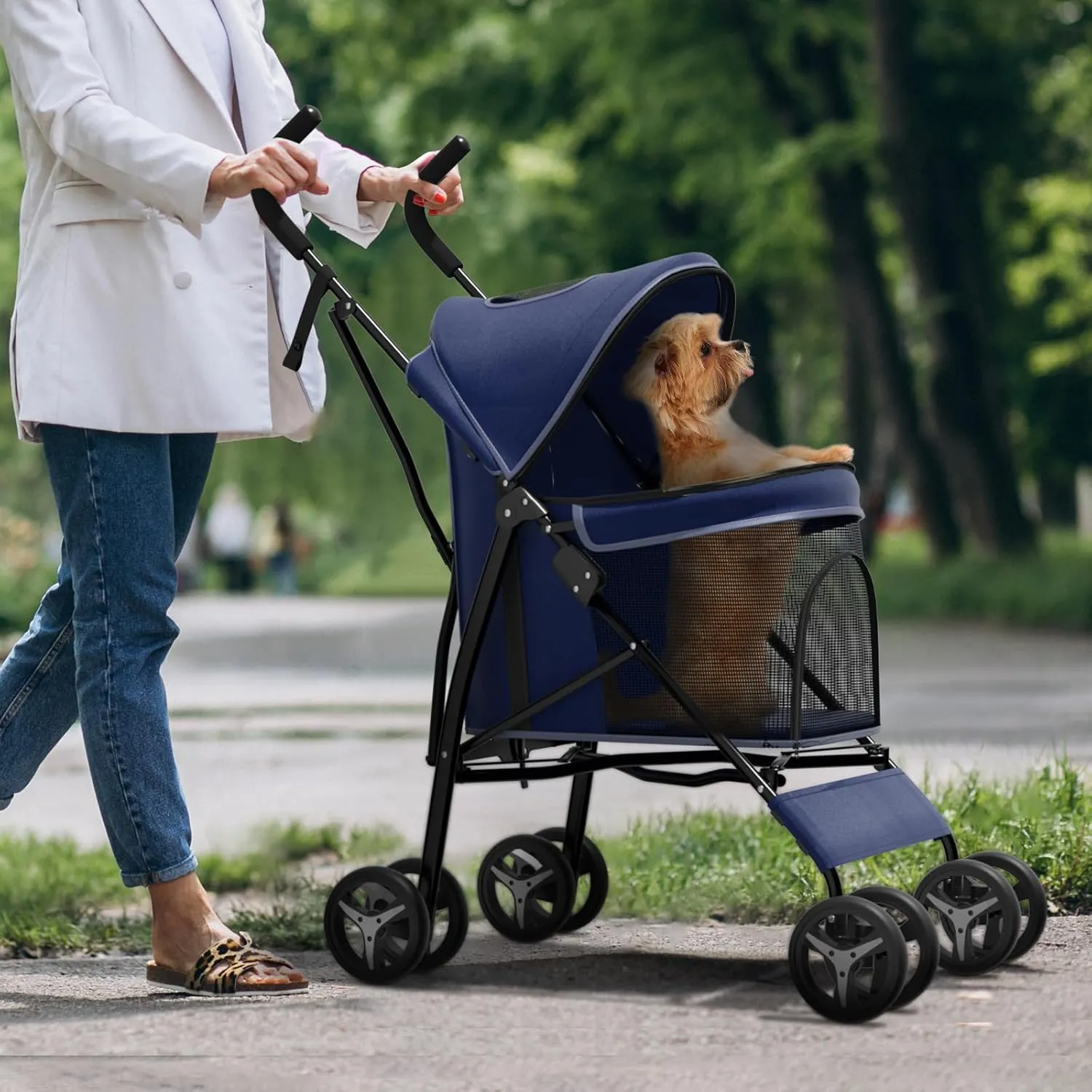 Small Dog Stroller for Small Dogs 10 lbs -22lbs Puppy Stroller Medium Dog Wagon Stroller Small Pet Stroller for Cats, Cat Strollers for 2 Cats, Rear Storage, Navy Blue