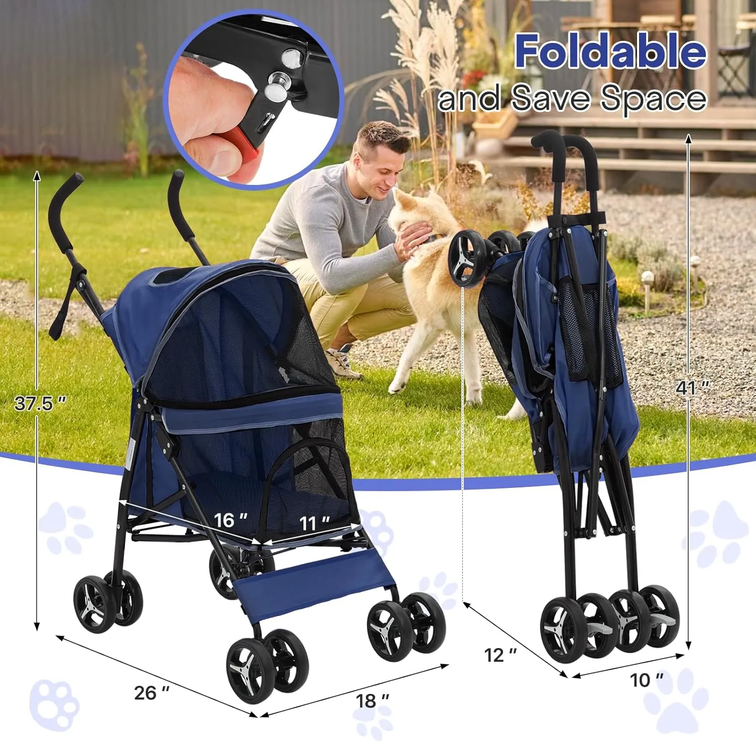 Small Dog Stroller for Small Dogs 10 lbs -22lbs Puppy Stroller Medium Dog Wagon Stroller Small Pet Stroller for Cats, Cat Strollers for 2 Cats, Rear Storage, Navy Blue