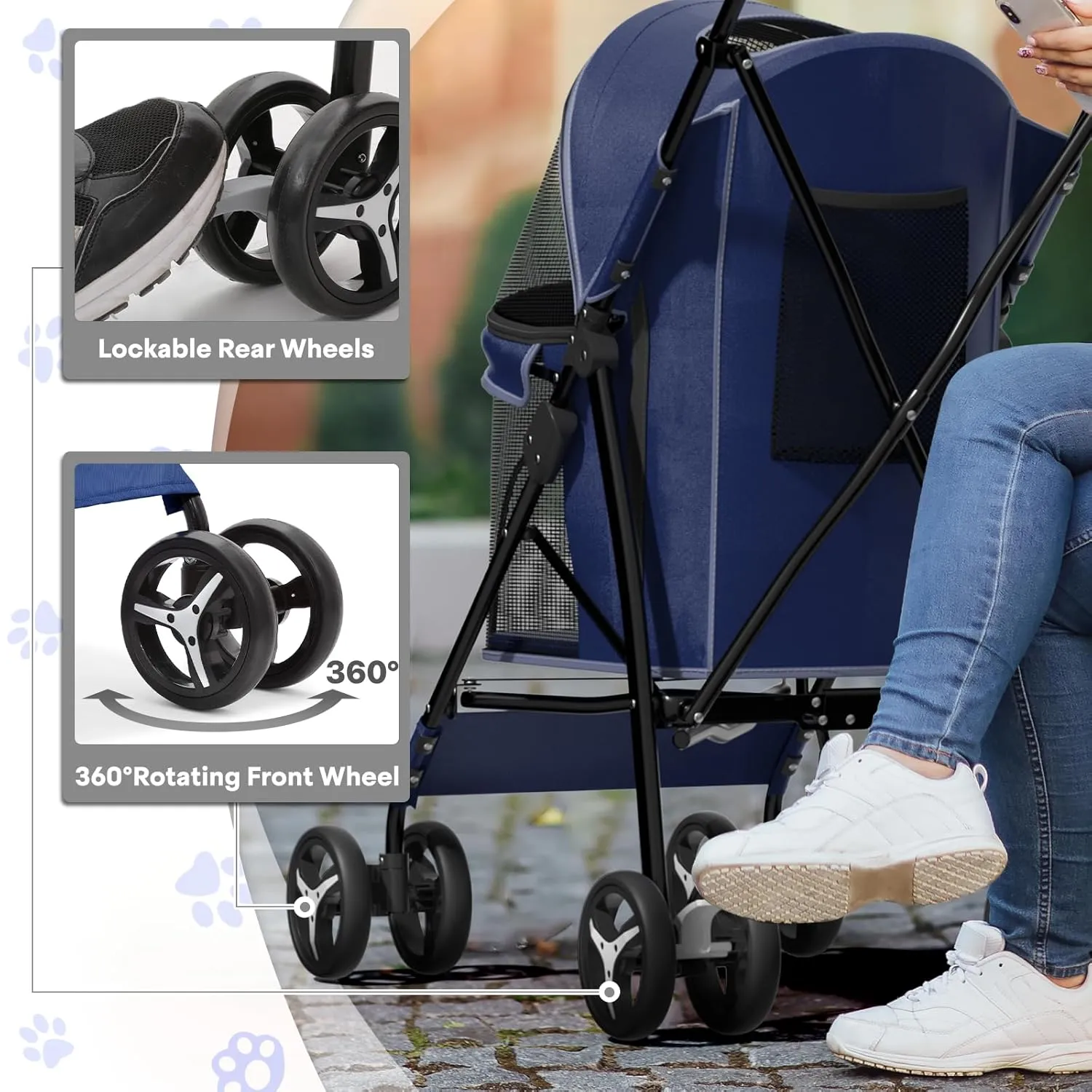 Small Dog Stroller for Small Dogs 10 lbs -22lbs Puppy Stroller Medium Dog Wagon Stroller Small Pet Stroller for Cats, Cat Strollers for 2 Cats, Rear Storage, Navy Blue