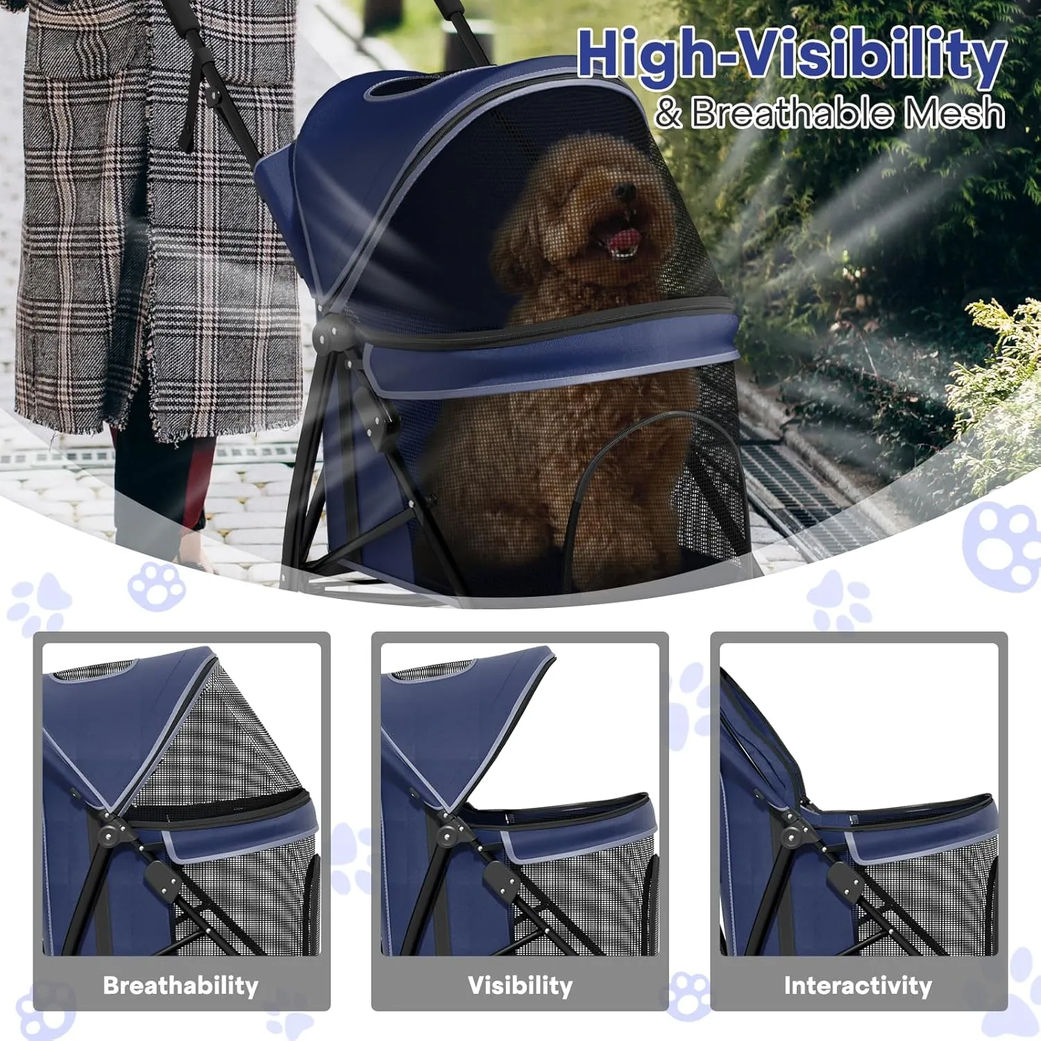 Small Dog Stroller for Small Dogs 10 lbs -22lbs Puppy Stroller Medium Dog Wagon Stroller Small Pet Stroller for Cats, Cat Strollers for 2 Cats, Rear Storage, Navy Blue