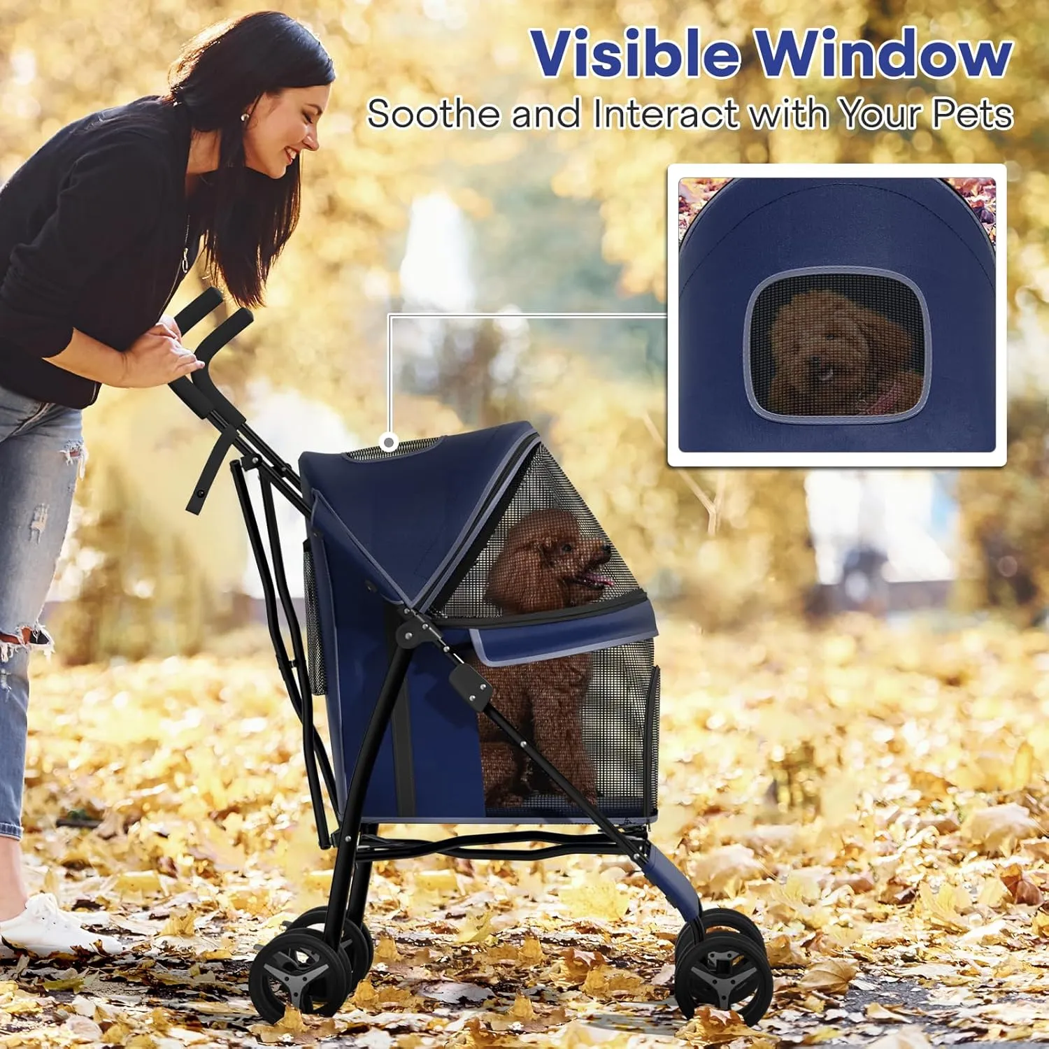 Small Dog Stroller for Small Dogs 10 lbs -22lbs Puppy Stroller Medium Dog Wagon Stroller Small Pet Stroller for Cats, Cat Strollers for 2 Cats, Rear Storage, Navy Blue