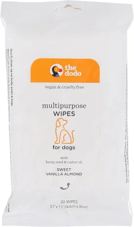 The Dodo Multipurpose Wipes for Dogs, Sweet Vanilla Almond with Hemp Seed and Castor Oil; Easy Wipes for Dogs, Waterless Grooming Supplies