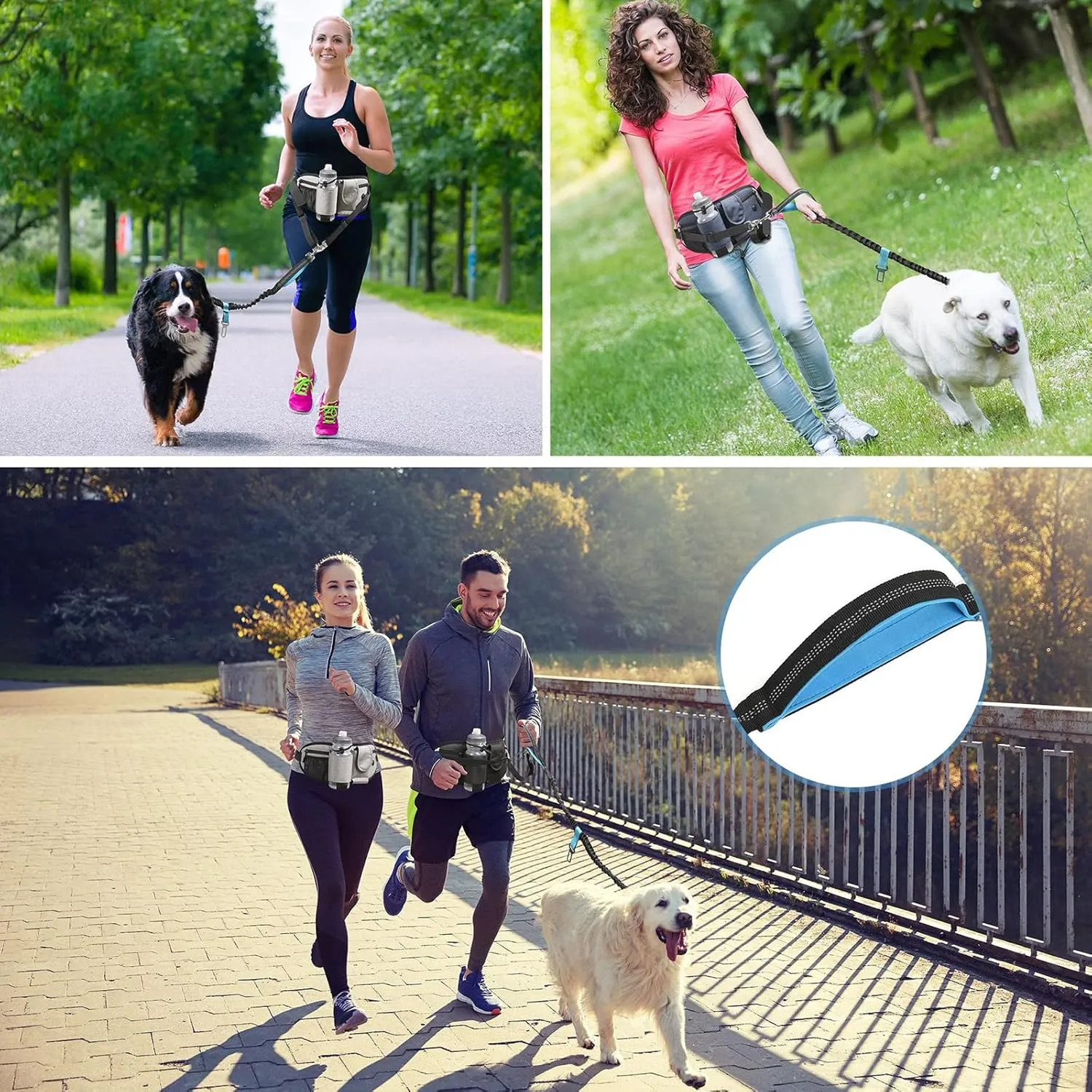 Waist Dog Leash Hand Free for Small Medium Dogs, Dog Running Leash with Adjustable Waist Belt Fanny Pack, Retractable Bungee Dog Leash with 2 Handle Double Clip for Walking Training, Black