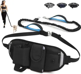 Waist Dog Leash Hand Free for Small Medium Dogs, Dog Running Leash with Adjustable Waist Belt Fanny Pack, Retractable Bungee Dog Leash with 2 Handle Double Clip for Walking Training, Black