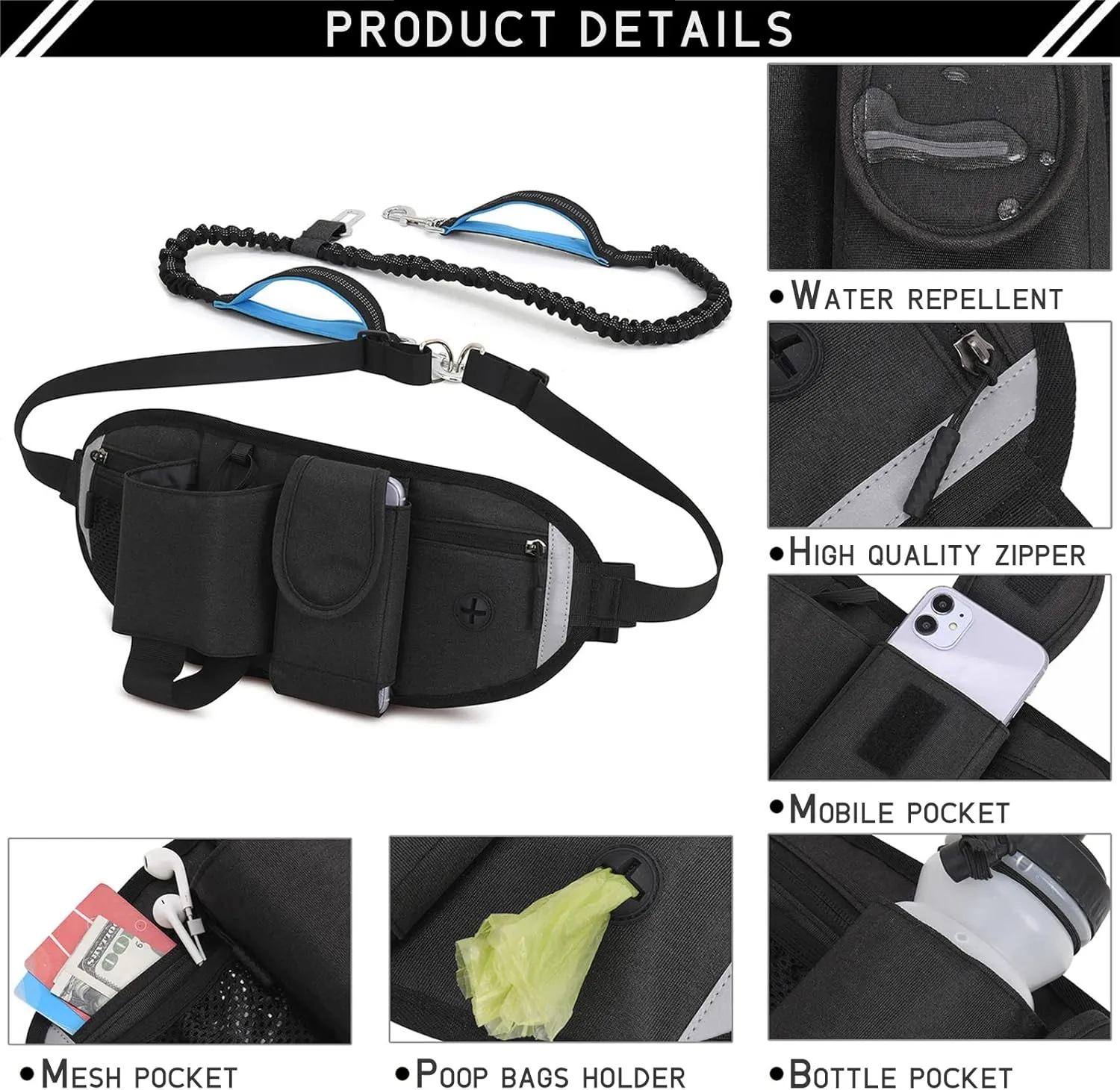 Waist Dog Leash Hand Free for Small Medium Dogs, Dog Running Leash with Adjustable Waist Belt Fanny Pack, Retractable Bungee Dog Leash with 2 Handle Double Clip for Walking Training, Black