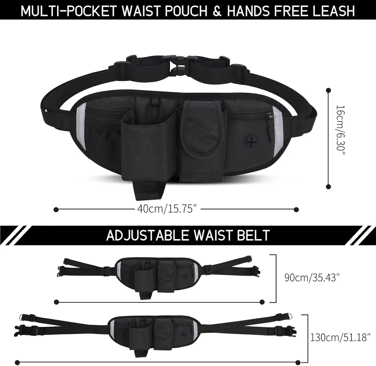 Waist Dog Leash Hand Free for Small Medium Dogs, Dog Running Leash with Adjustable Waist Belt Fanny Pack, Retractable Bungee Dog Leash with 2 Handle Double Clip for Walking Training, Black
